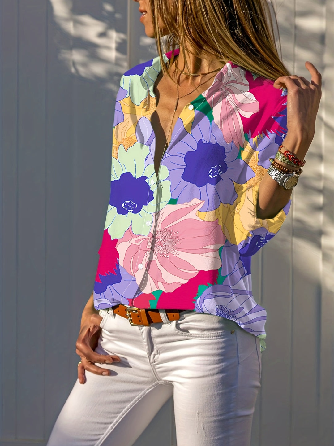 Laura - Floral Print Polo Blouse with Button Closure