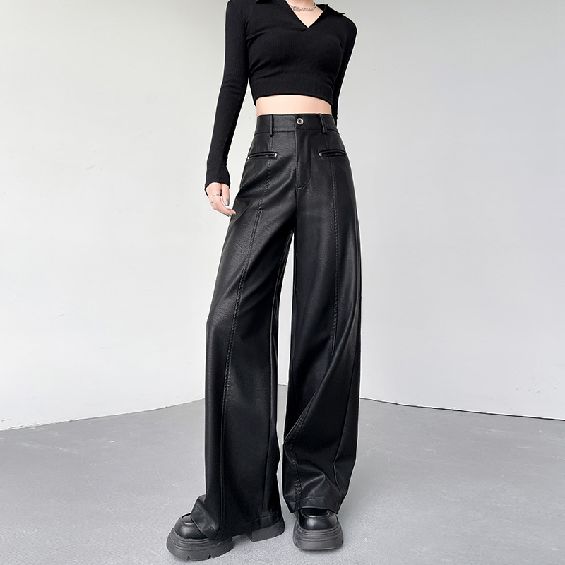 Sophie PU Leather Pants - Women's Long Straight Pants with Split